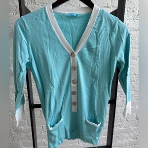 J McLaughlin V-Neck Button Front 3/4 sleeve mock cardigan, size small